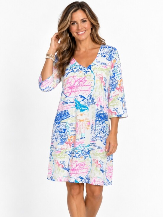 Lulu-B Dresses & Skirts - Lulu-B Post Cards of Love Dress 1X UPF 50 French Script Travel Resort Stretch
